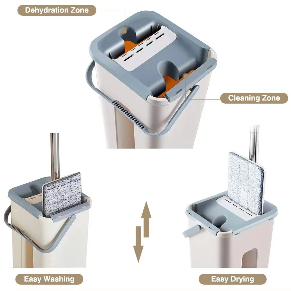 Mop Bucket Stainless Steel Pole Handle Removable Spin Dry Magic Wash Mop Water Flat Cleaning Hands Free Mop